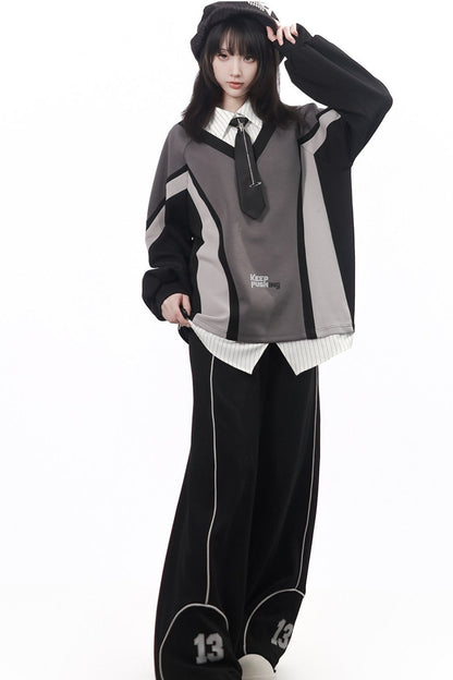 Black Gray Color Block Chain Tie Sweatshirt And Pants Set-Up
