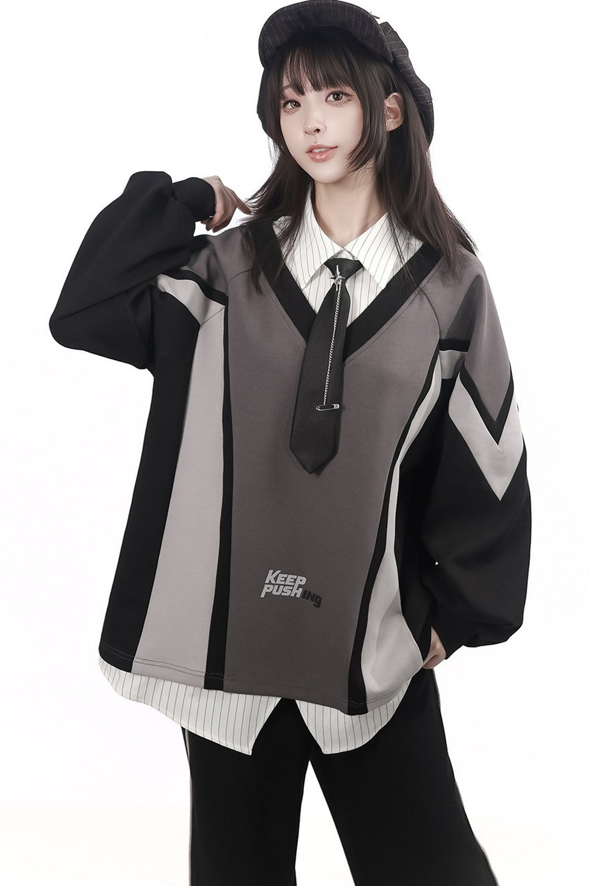 Black Gray Color Block Chain Tie Sweatshirt And Pants Set-Up