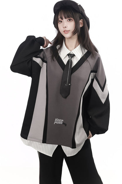 Black Gray Color Block Chain Tie Sweatshirt And Pants Set-Up
