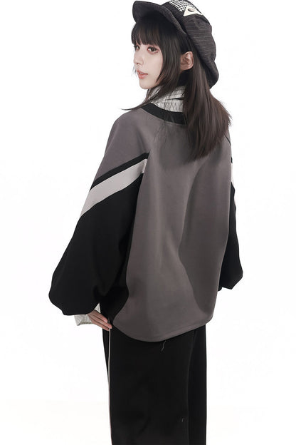 Black Gray Color Block Chain Tie Sweatshirt And Pants Set-Up