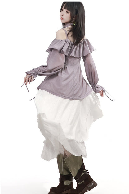 One-Line Tie-Up Knitted Cardigan and Suspender Dress Set-Up