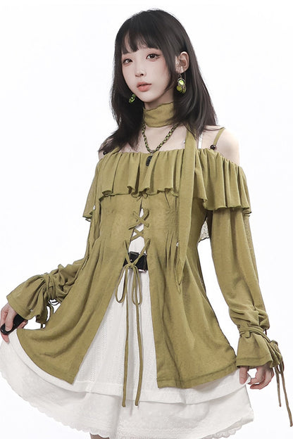 One-Line Tie-Up Knitted Cardigan and Suspender Dress Set-Up