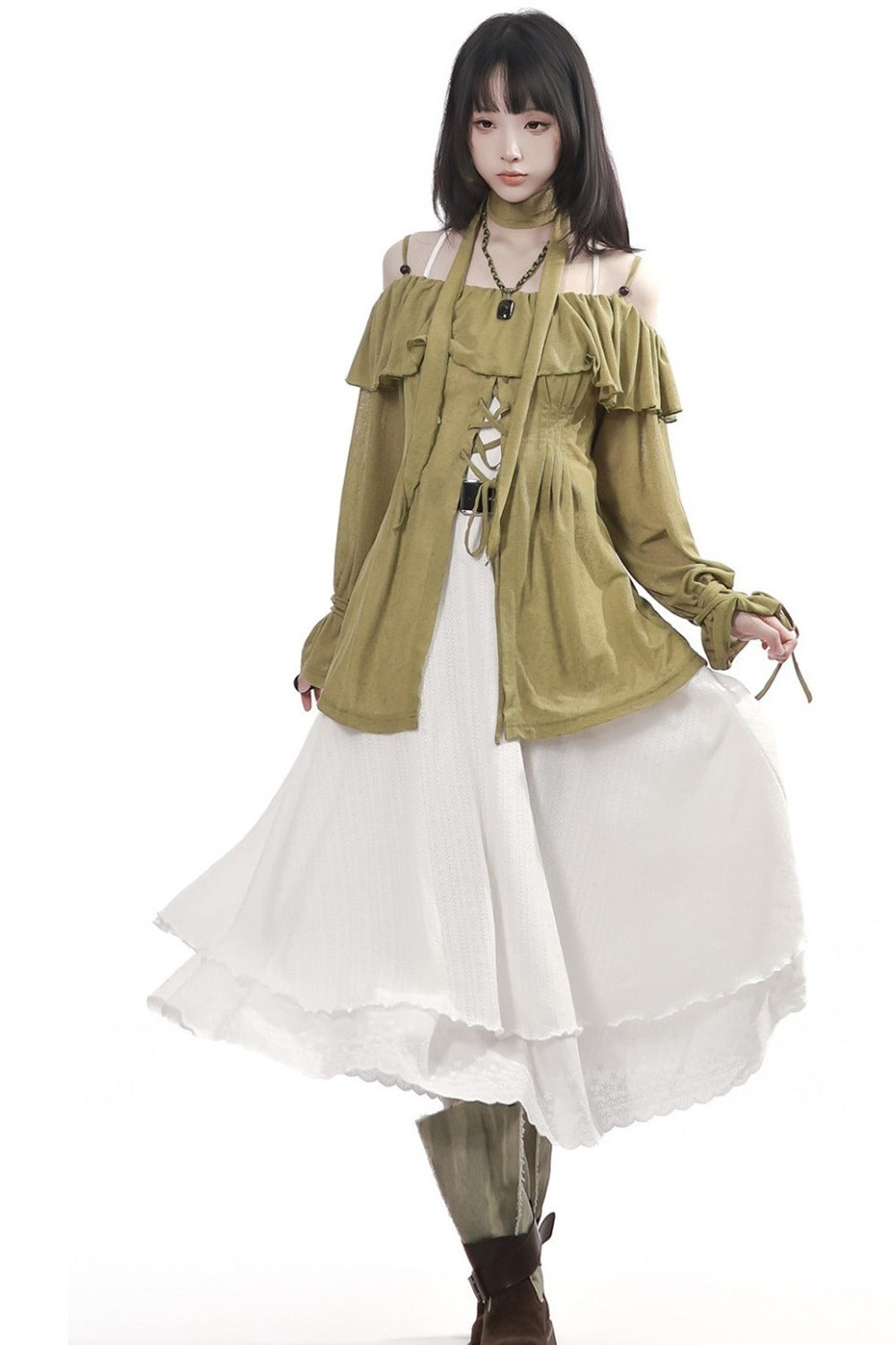 One-Line Tie-Up Knitted Cardigan and Suspender Dress Set-Up