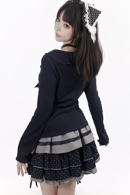Polka Dot Waist-Cinching Layered-Look Top and Skirt Set-Up