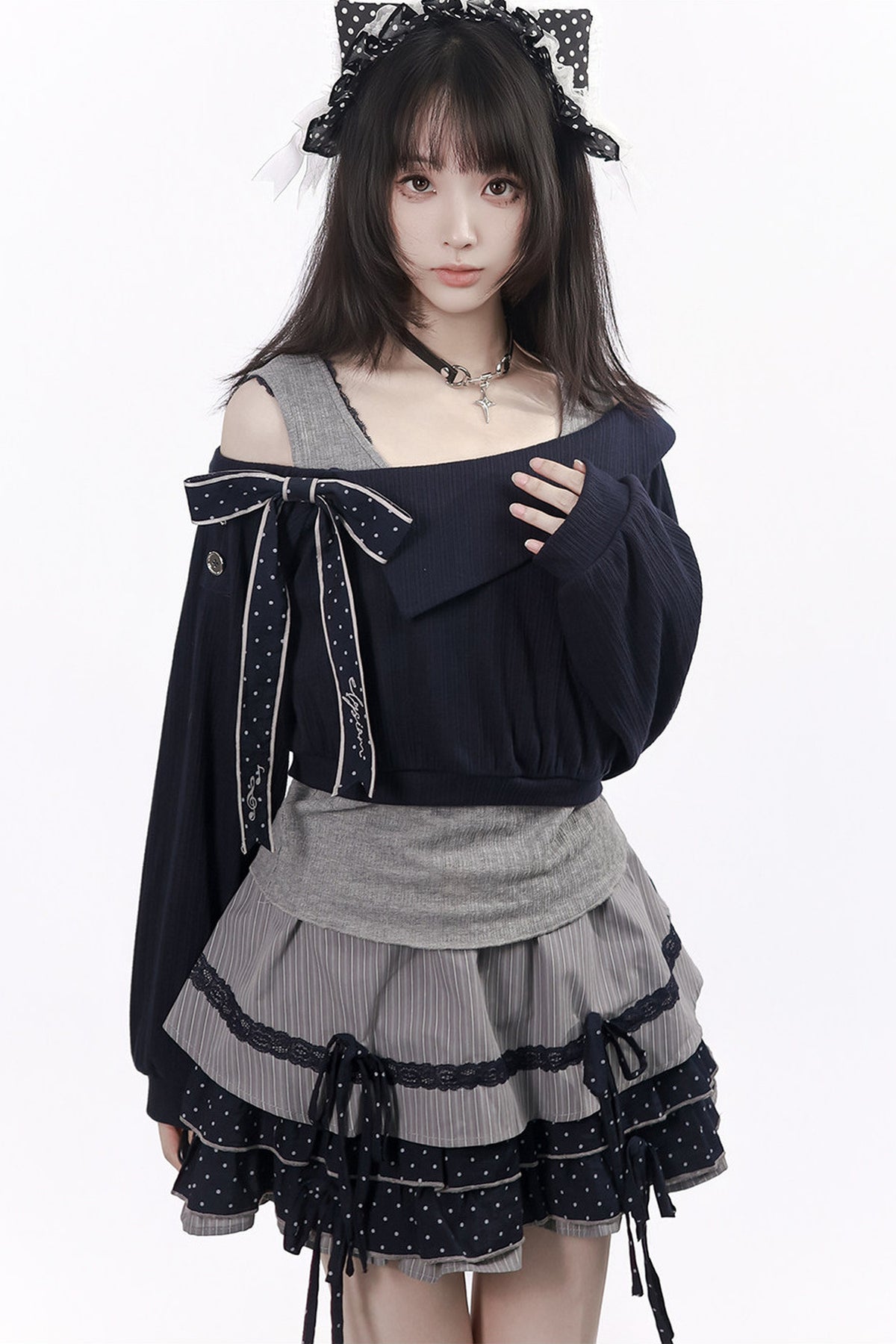 Polka Dot Waist-Cinching Layered-Look Top and Skirt Set-Up
