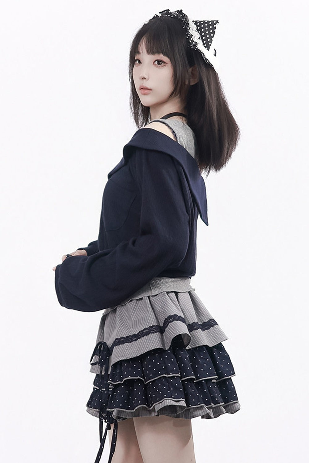 Polka Dot Waist-Cinching Layered-Look Top and Skirt Set-Up
