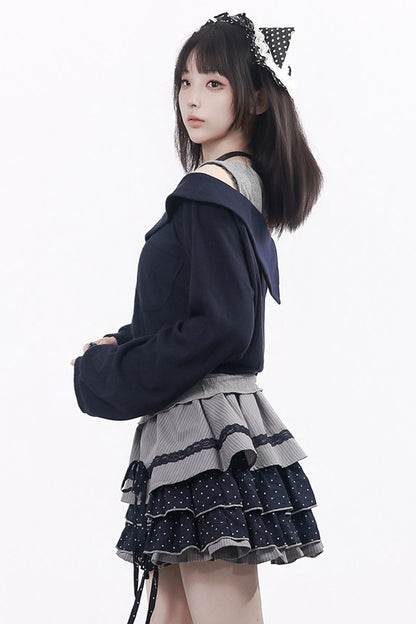 Polka Dot Waist-Cinching Layered-Look Top and Skirt Set-Up