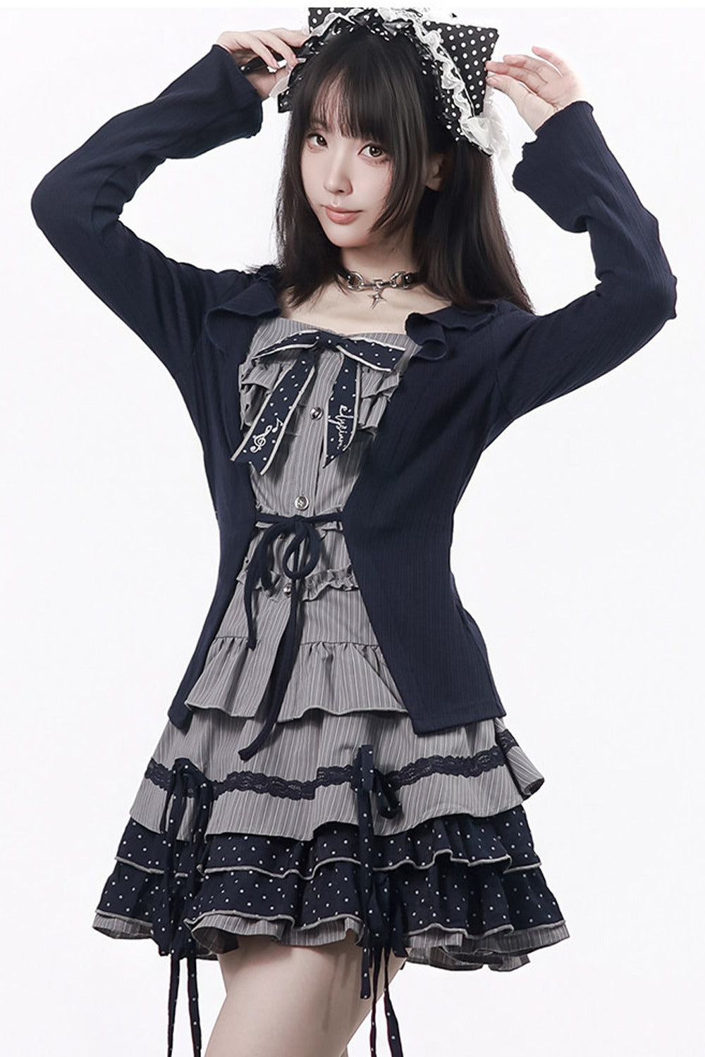 Polka Dot Waist-Cinching Layered-Look Top and Skirt Set-Up