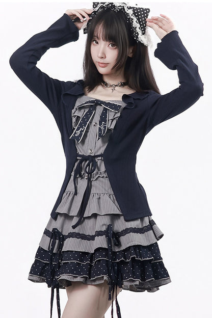 Polka Dot Waist-Cinching Layered-Look Top and Skirt Set-Up