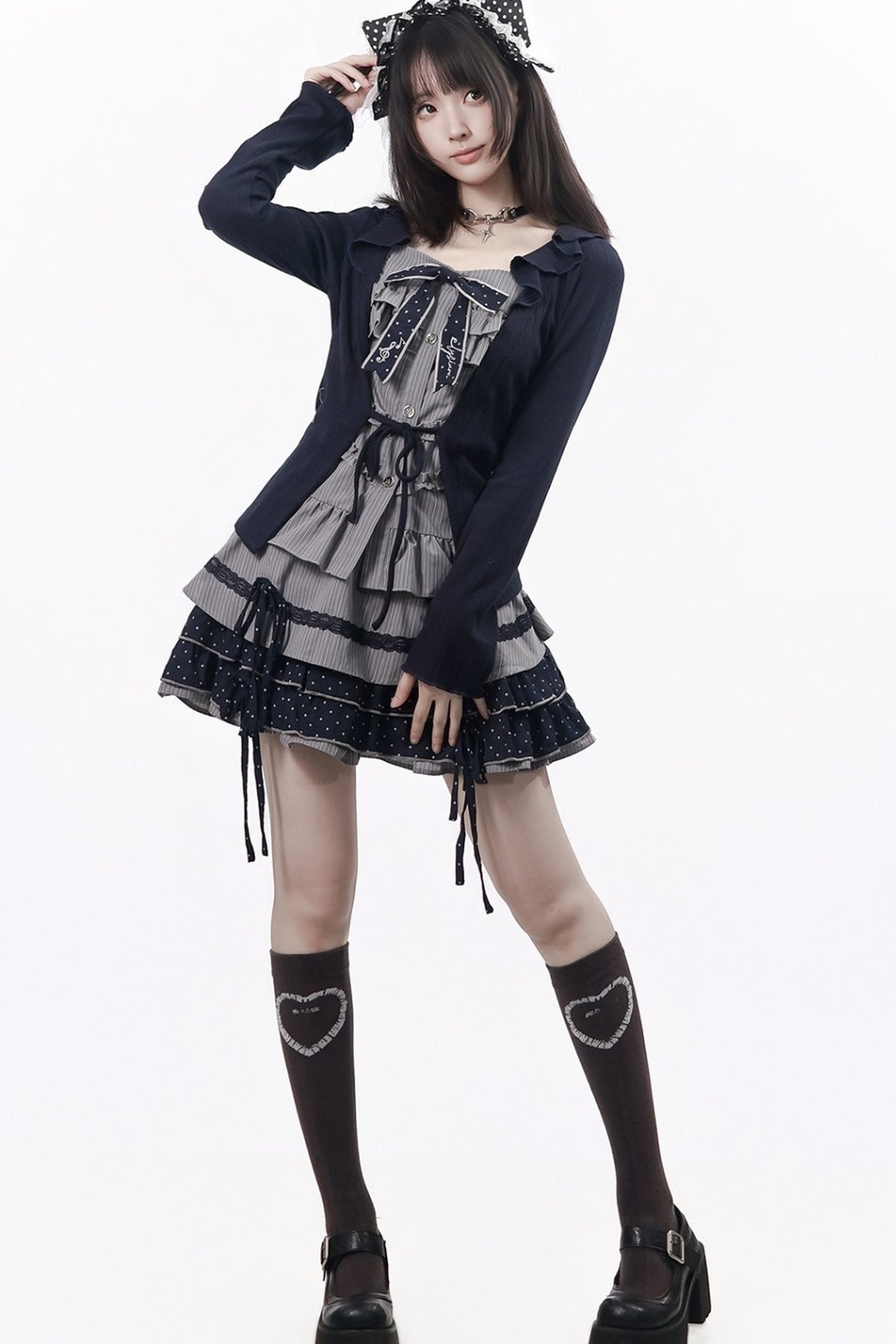 Polka Dot Waist-Cinching Layered-Look Top and Skirt Set-Up