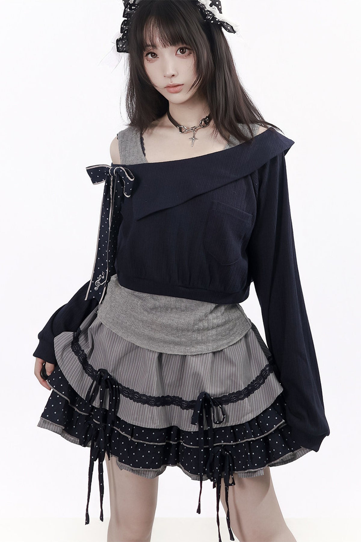Polka Dot Waist-Cinching Layered-Look Top and Skirt Set-Up