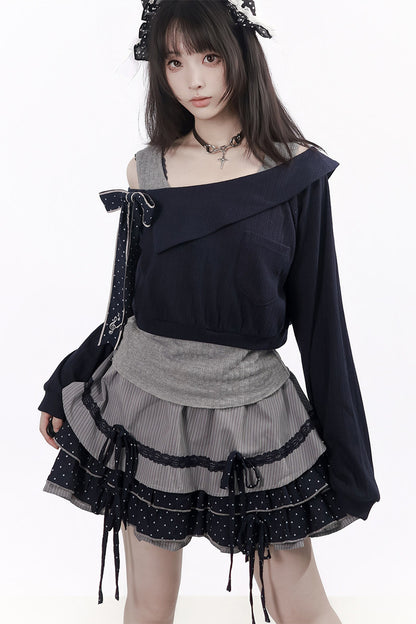 Polka Dot Waist-Cinching Layered-Look Top and Skirt Set-Up