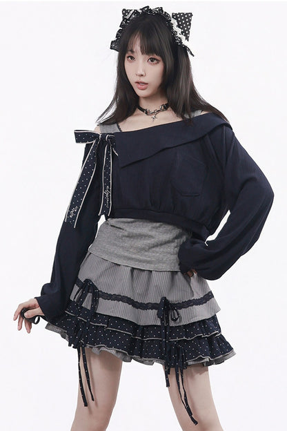 Polka Dot Waist-Cinching Layered-Look Top and Skirt Set-Up