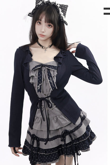 Polka Dot Waist-Cinching Layered-Look Top and Skirt Set-Up