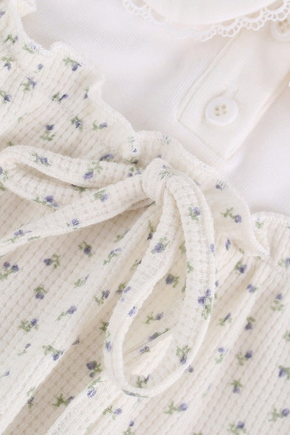 White Floral Layered-Look Top and Bubble Pants Set-Up