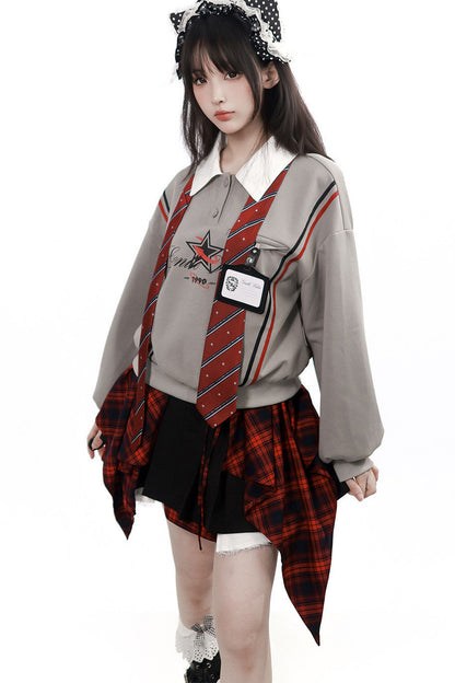 Gray Black Plaid Sweatshirt and Pants Set-Up