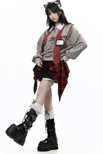 Gray Black Plaid Sweatshirt and Pants Set-Up