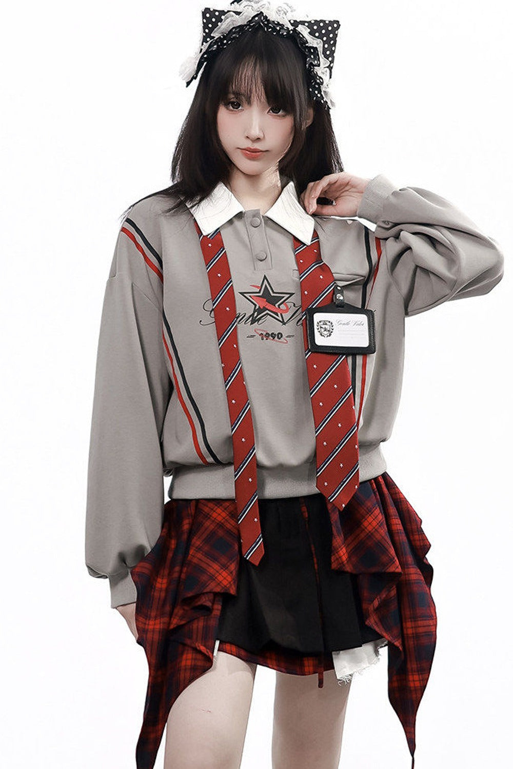 Gray Black Plaid Sweatshirt and Pants Set-Up
