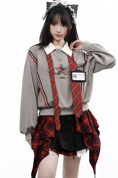 Gray Black Plaid Sweatshirt and Pants Set-Up