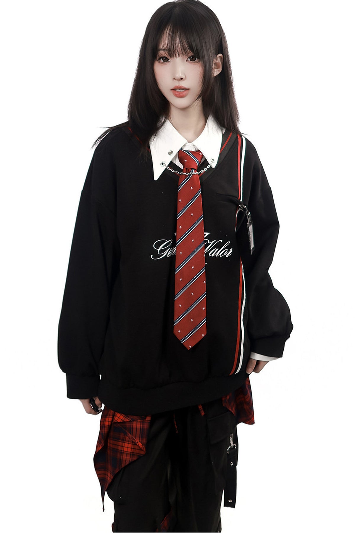Gray Black Plaid Sweatshirt and Pants Set-Up