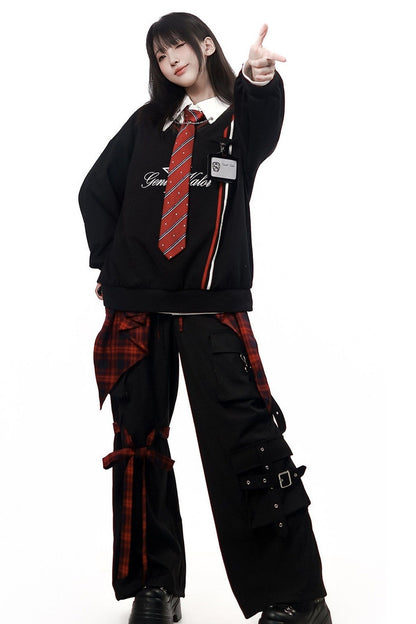 Gray Black Plaid Sweatshirt and Pants Set-Up