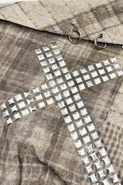Tee-shirt épaules dénudées à carreaux avec croix en strass