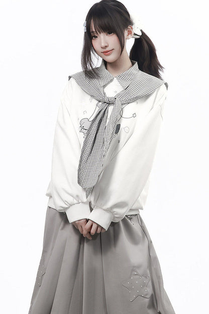 Star Plaid Shawl Sweatshirt Skirt Set-Up