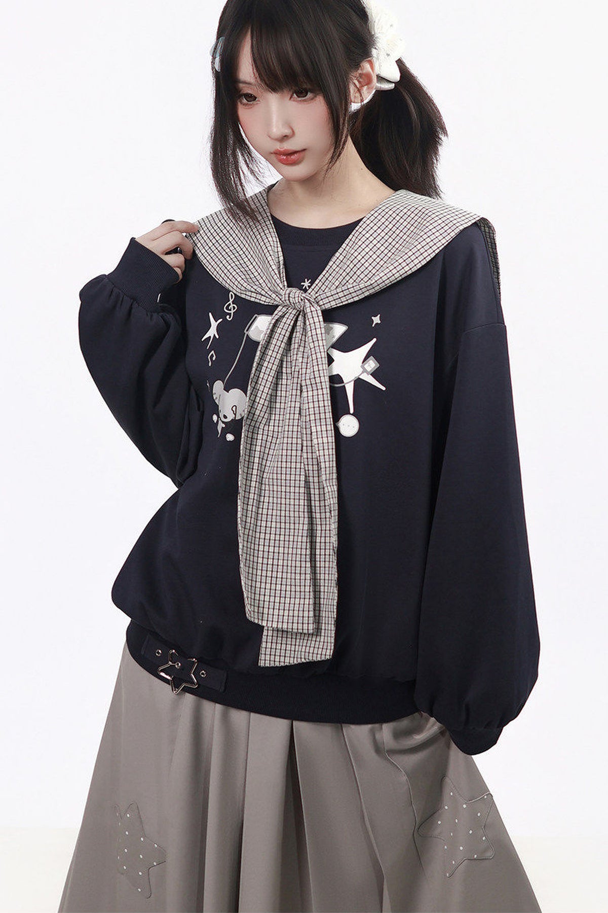 Star Plaid Shawl Sweatshirt Skirt Set-Up