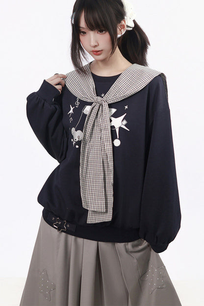 Star Plaid Shawl Sweatshirt Skirt Set-Up