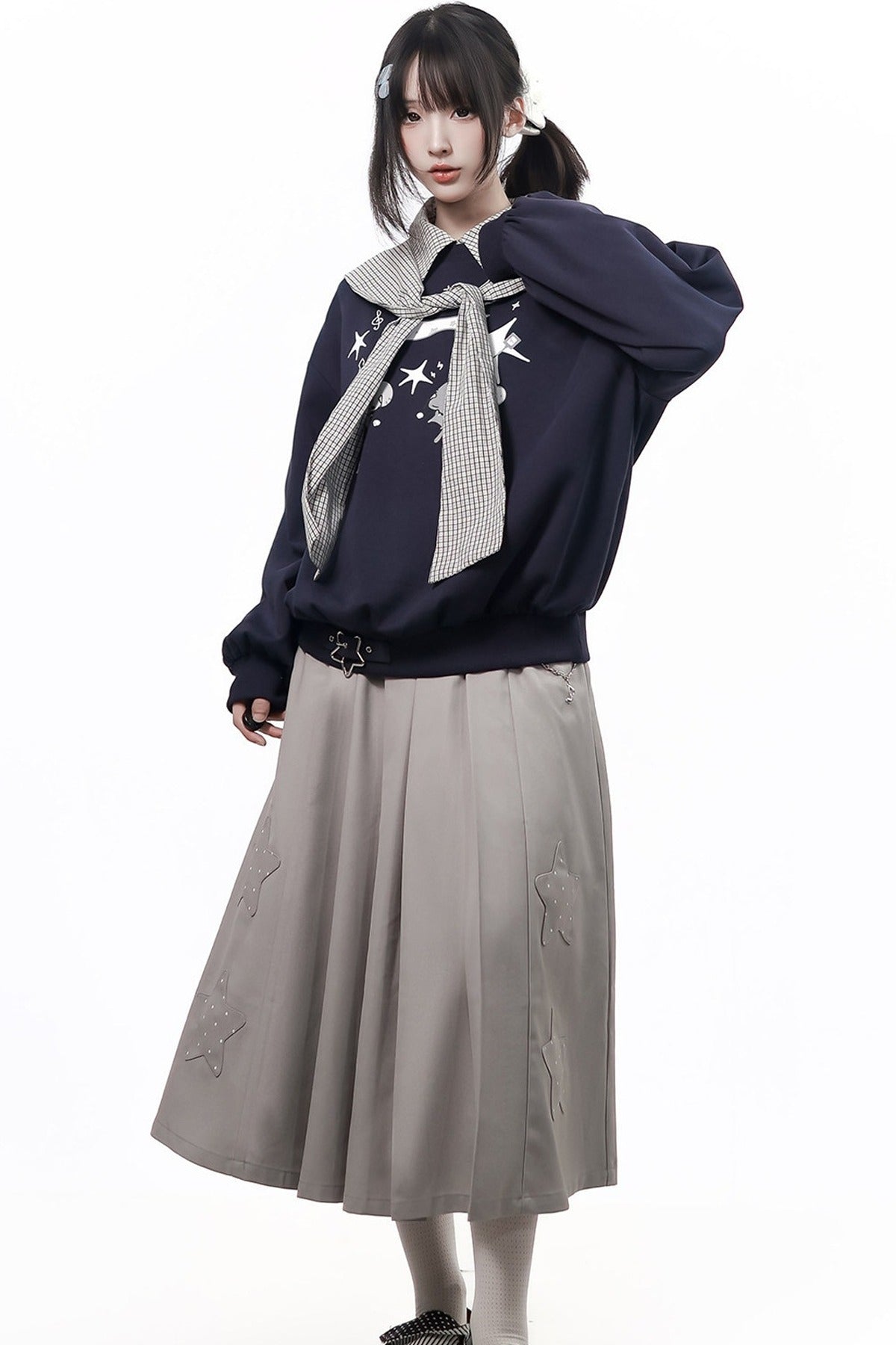 Star Plaid Shawl Sweatshirt Skirt Set-Up