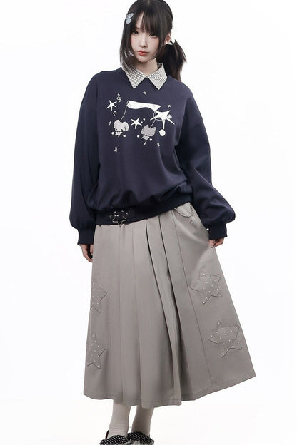 Star Plaid Shawl Sweatshirt Skirt Set-Up