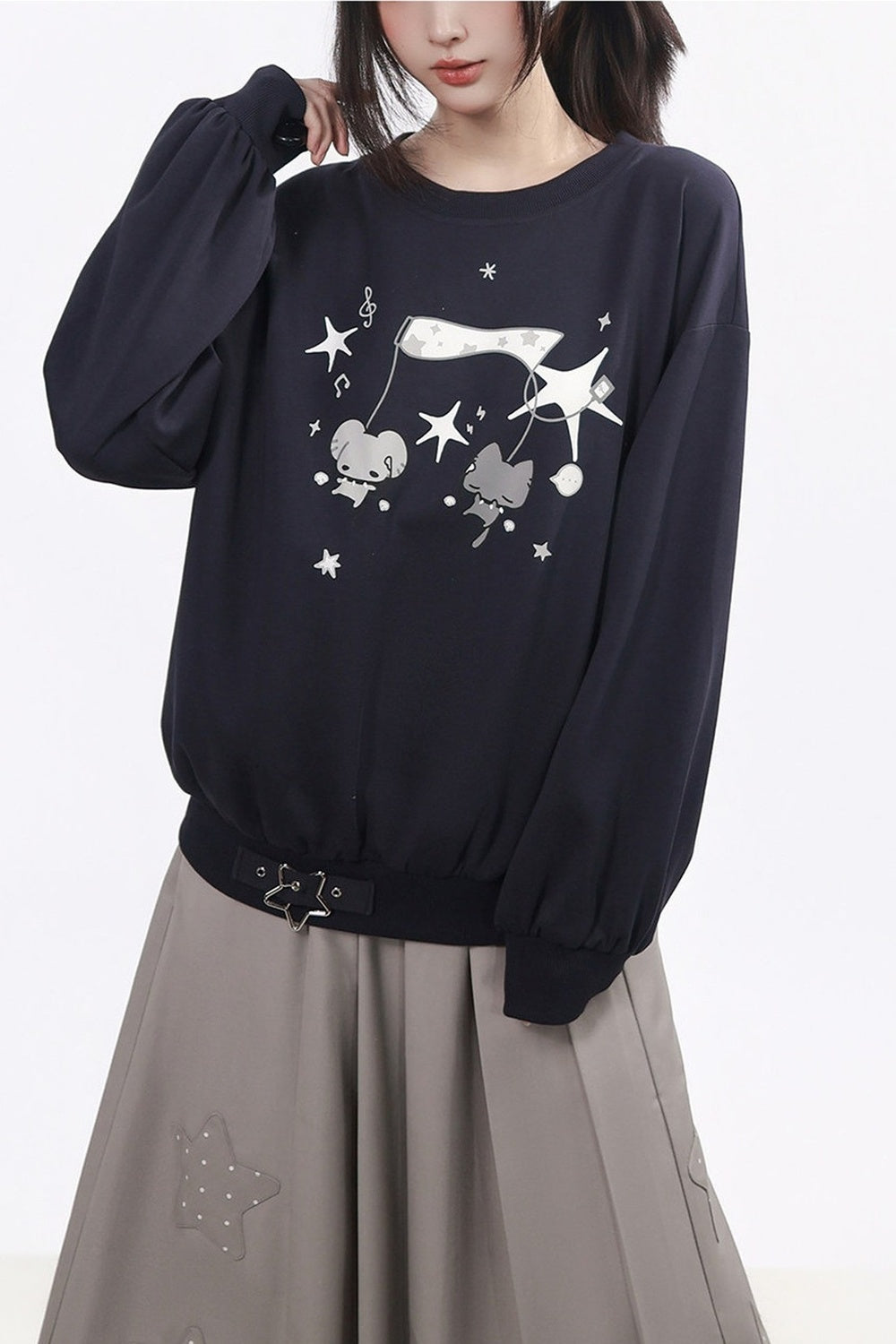 Star Plaid Shawl Sweatshirt Skirt Set-Up