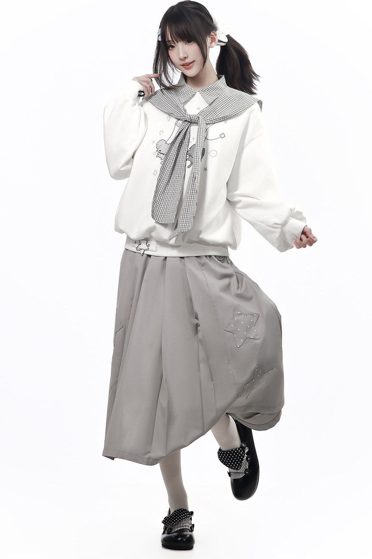 Star Plaid Shawl Sweatshirt Skirt Set-Up