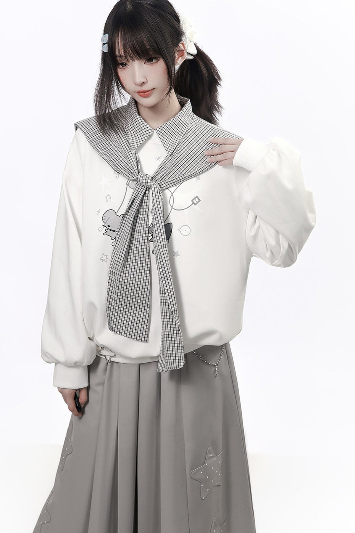 Star Plaid Shawl Sweatshirt Skirt Set-Up