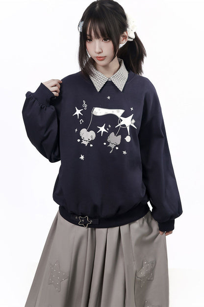 Star Plaid Shawl Sweatshirt Skirt Set-Up