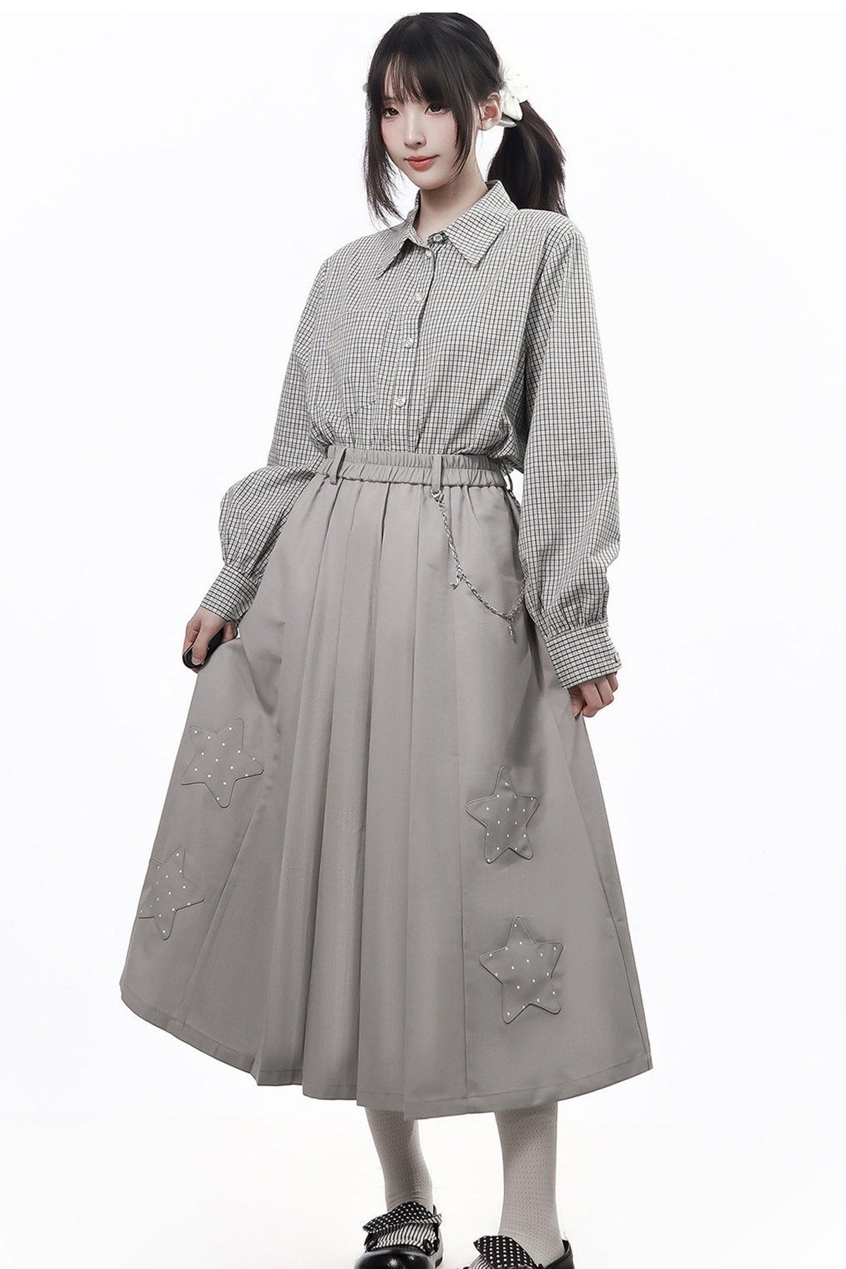 Star Plaid Shawl Sweatshirt Skirt Set-Up