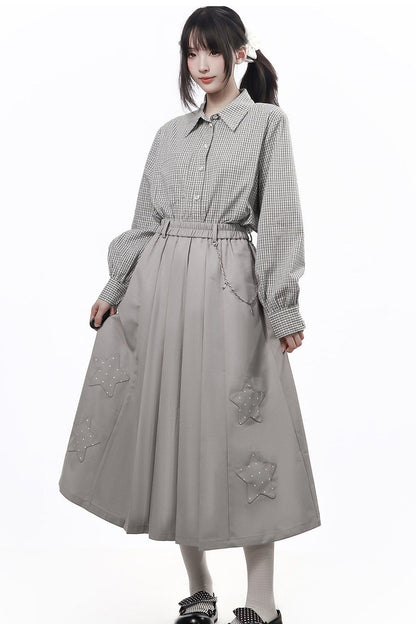 Star Plaid Shawl Sweatshirt Skirt Set-Up