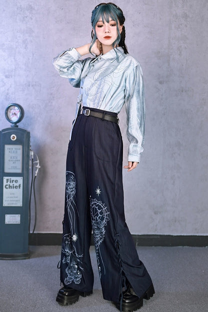 Blue Jellyfish Print Lace-Up Wide-Leg Pants