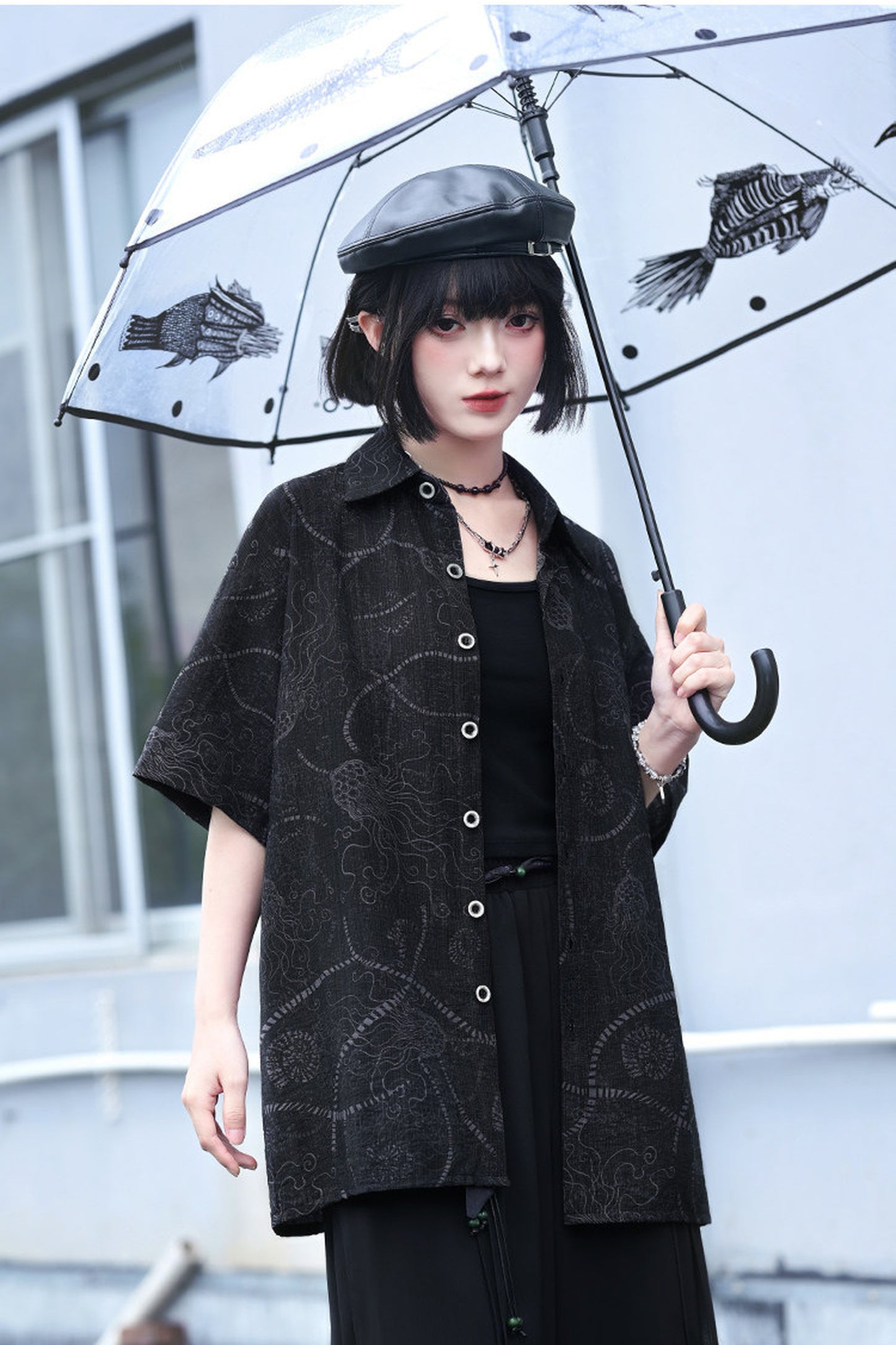 深海クラゲプリントチャイナシャツ