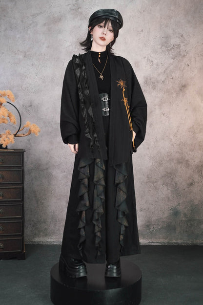 Loose Black Lace Trim Embroidery Tassel Cardigan