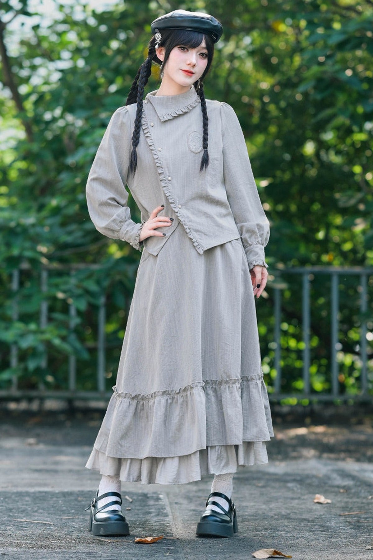 Deer Smoke Slanted Placket Shirt and Double Layer Skirt Set-Up