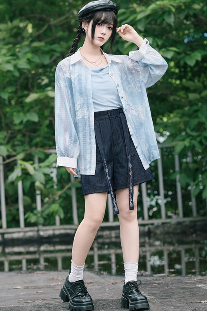 ガーリー鹿プリントストライプシアーシャツ