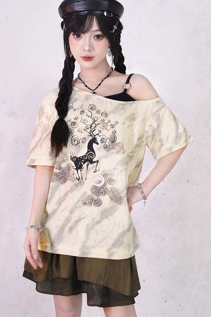 小鹿プリントオフショルTシャツ