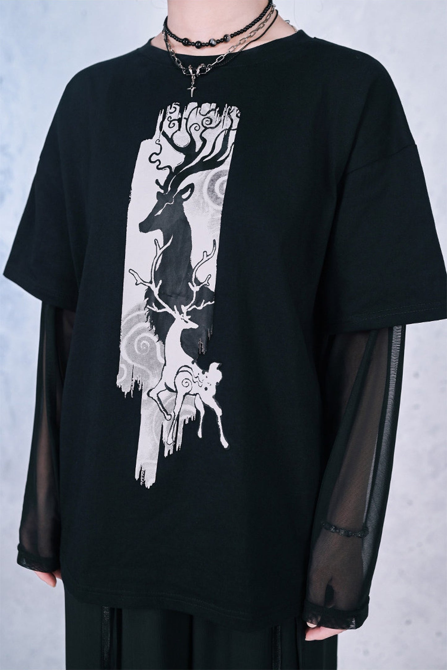 鹿プリントシアースリーブレイヤードTシャツ