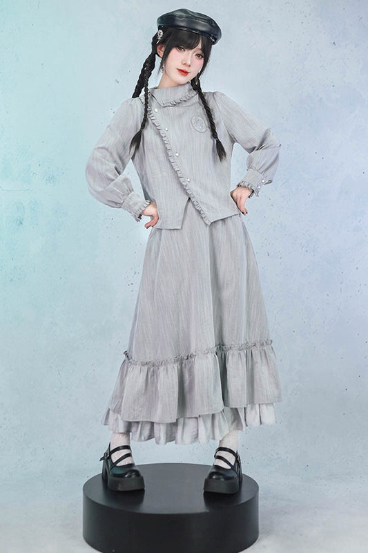 Deer Smoke Slanted Placket Shirt and Double Layer Skirt Set-Up