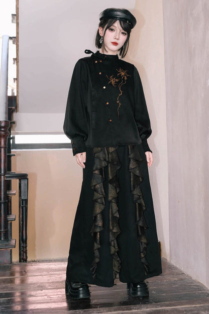 Mandala Embroidered Lace-Up Diagonal Placket Shirt