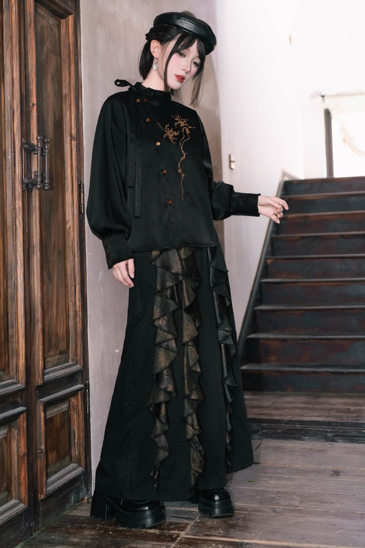 Mandala Embroidered Lace-Up Diagonal Placket Shirt