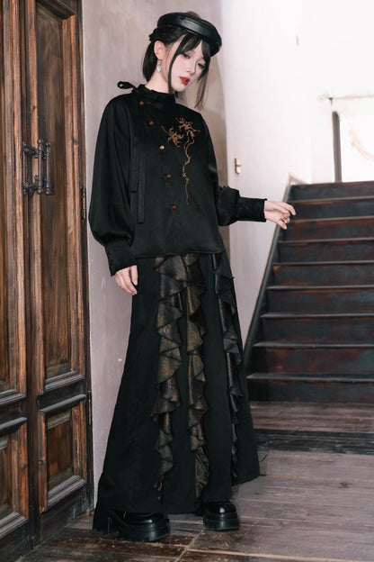 Mandala Embroidered Lace-Up Diagonal Placket Shirt