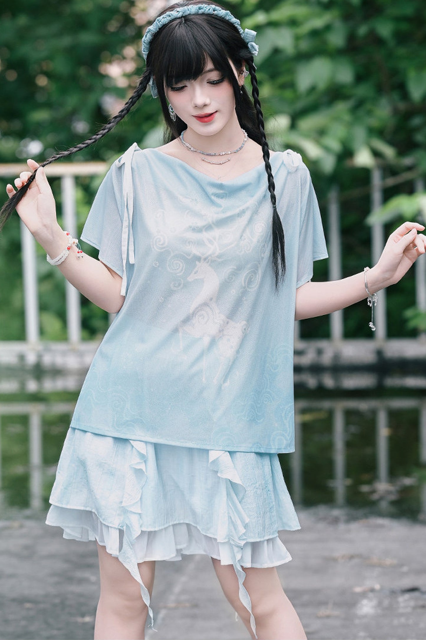 Chiffon-Set im China-Stil mit Hirsch-Print