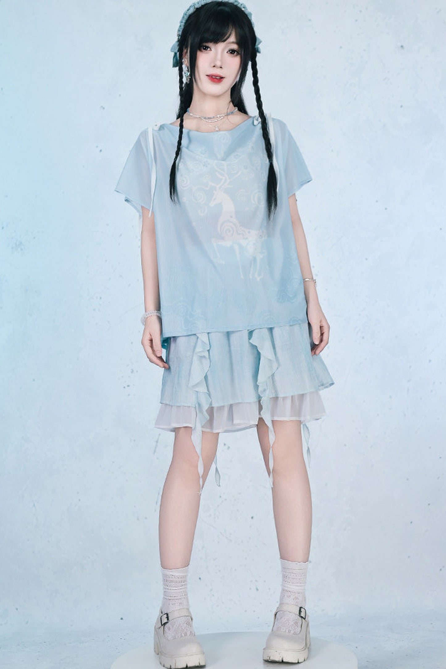 Chiffon-Set im China-Stil mit Hirsch-Print